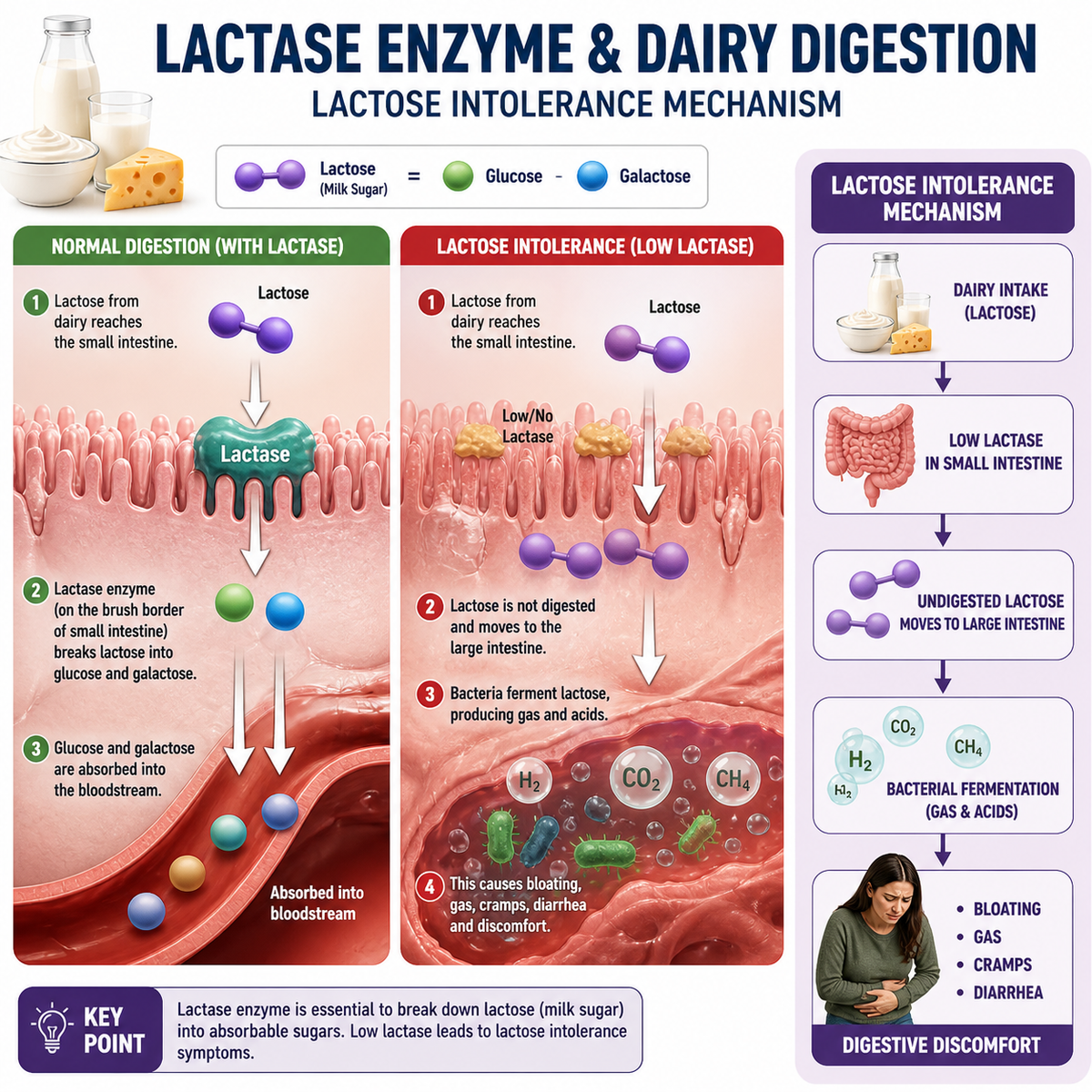 Lactase Enzyme Dairy Digestion Lactose Intolerance Mechanism – Verdant ...