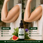 A before-and-after comparison showing a woman's upper arms and shoulders, with the left side labeled BEFORE and the right side labeled AFTER. A bottle of Verdant Naturals Lymphatic Drainage Drops is centered in front, surrounded by green leaves, a purple flower, and a slice of watermelon.