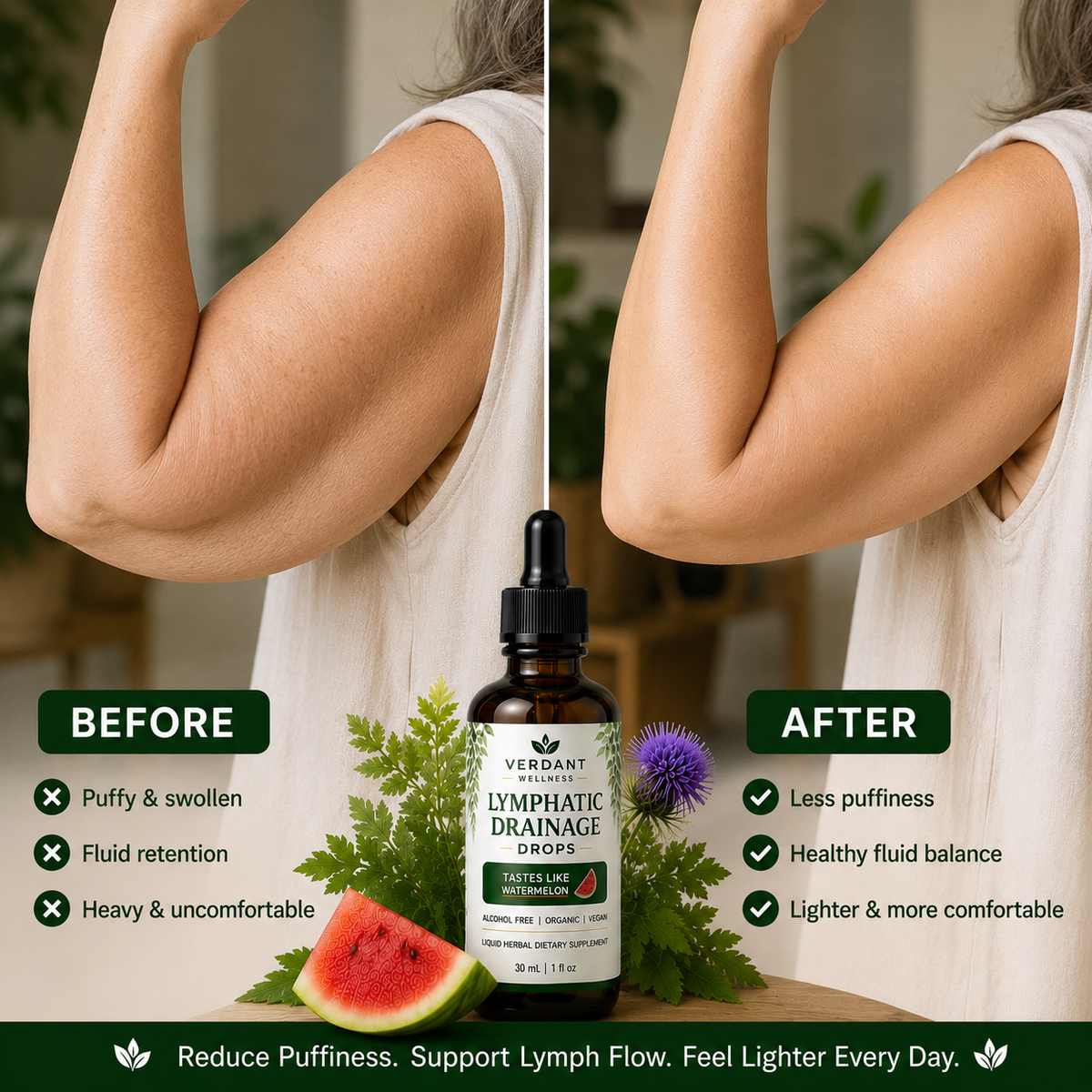 A before-and-after comparison showing a woman's upper arms and shoulders, with the left side labeled BEFORE and the right side labeled AFTER. A bottle of Verdant Naturals Lymphatic Drainage Drops is centered in front, surrounded by green leaves, a purple flower, and a slice of watermelon.