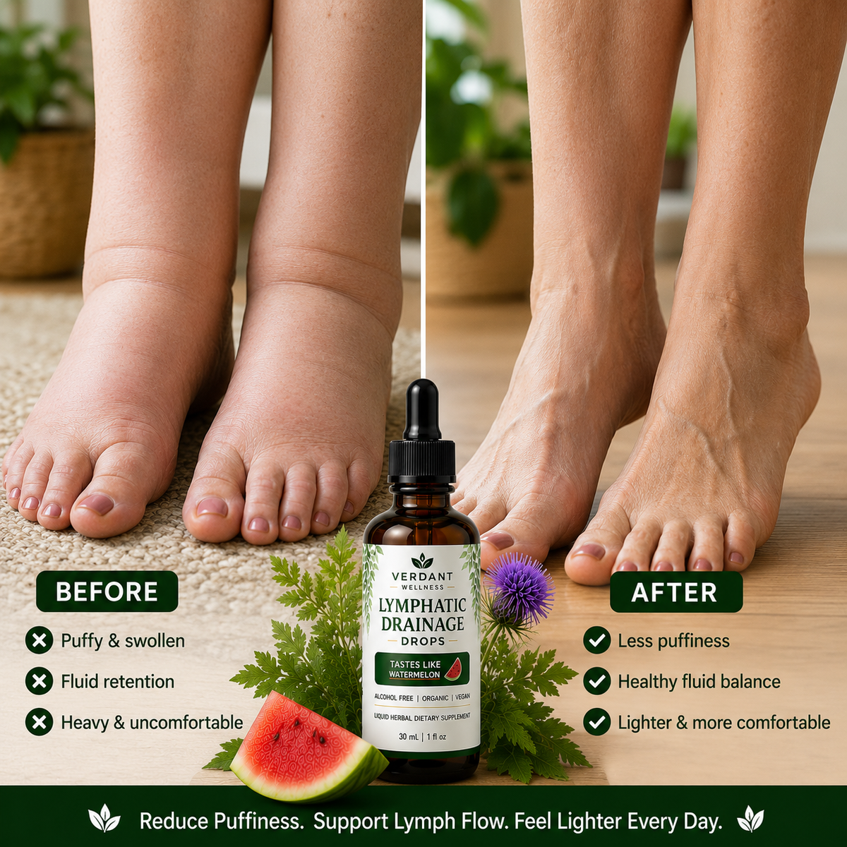 A bottle of Verdant Labs Lymphatic Drainage Drops is centered between a before-and-after comparison of feet, with text overlays describing puffiness and fluid retention versus reduced puffiness and better comfort.