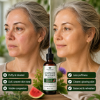 Before-and-after comparison of a woman's face, showing puffiness and dull skin on the left and clearer, glowing skin on the right. A bottle of Verdant Labs Lymphatic Drainage Drops is centered in the foreground with a watermelon slice and green text callouts on both sides.