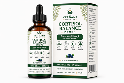 Verdant Wellness Cortisol Balance Drops bottle and packaging on a white background