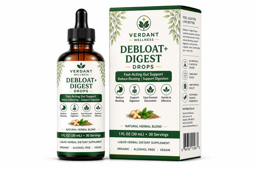 Verdant Wellness Debloat + Digest Drops bottle and packaging on a white background