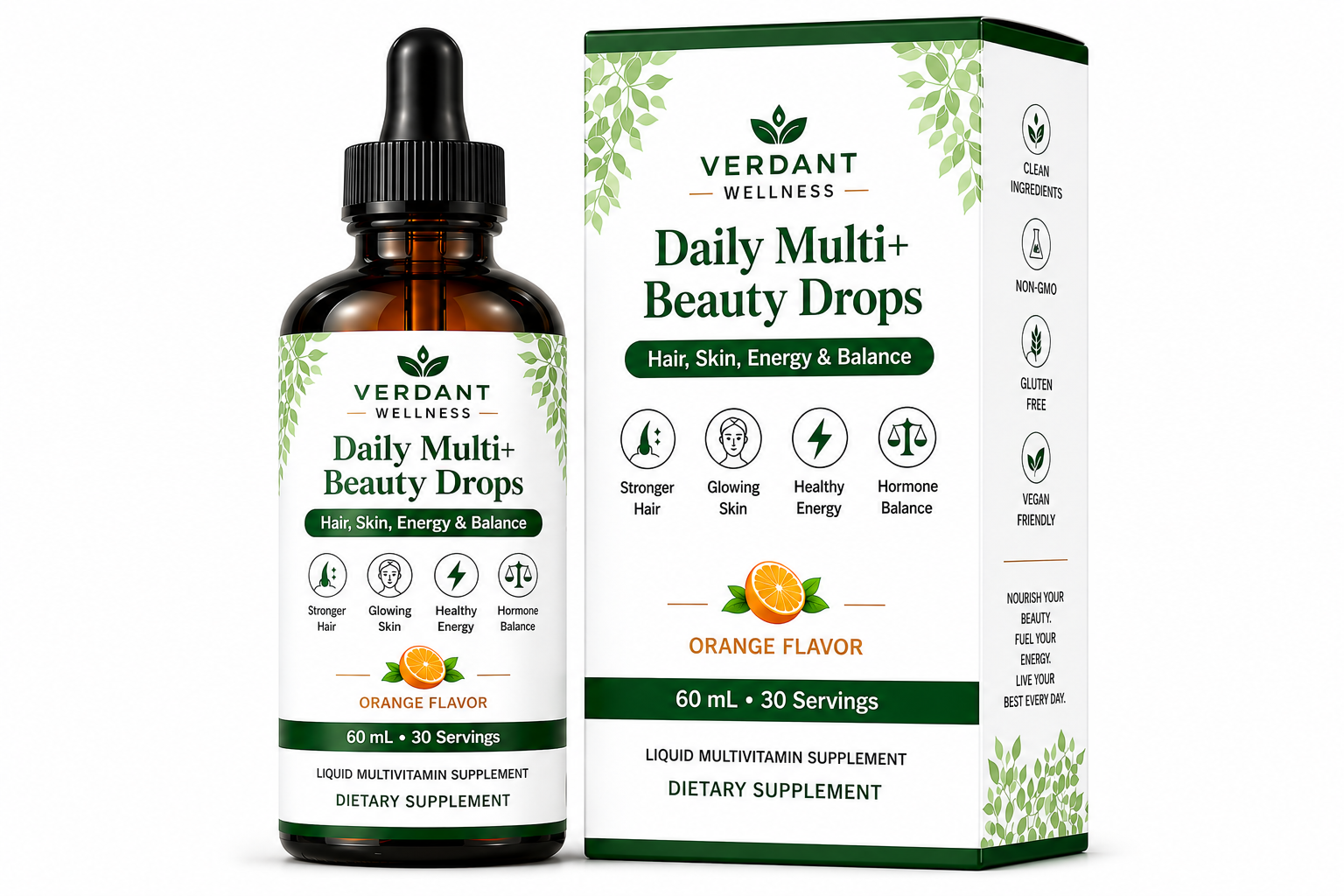 Verdant Wellness Daily Multi+ Beauty Drops bottle and packaging on a white background