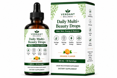Verdant Wellness Daily Multi+ Beauty Drops bottle and packaging on a white background