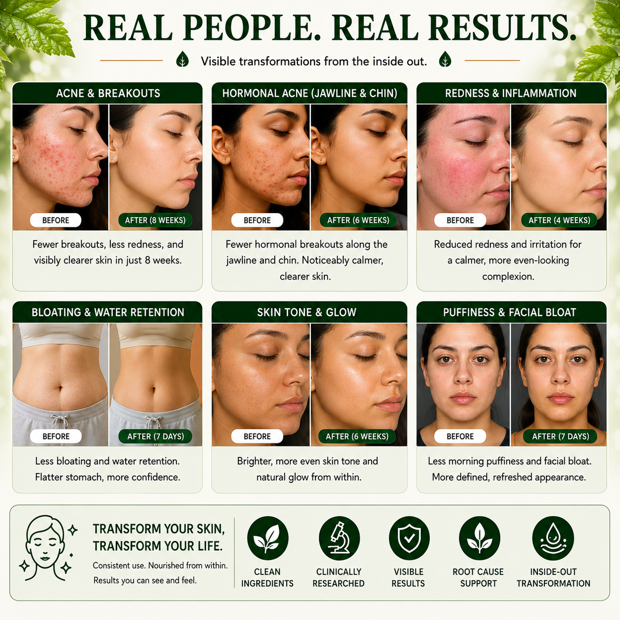 Before and after skin transformation results with visible improvements in various skin issues.