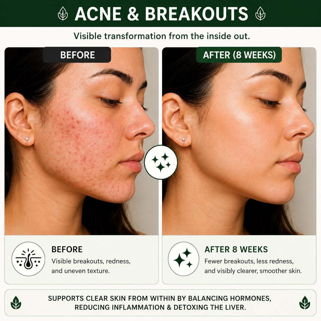 Before and after comparison of a woman's face with acne and breakouts, showing visible improvement after 8 weeks.