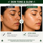 Before and after comparison of skin tone and glow with text on a green background