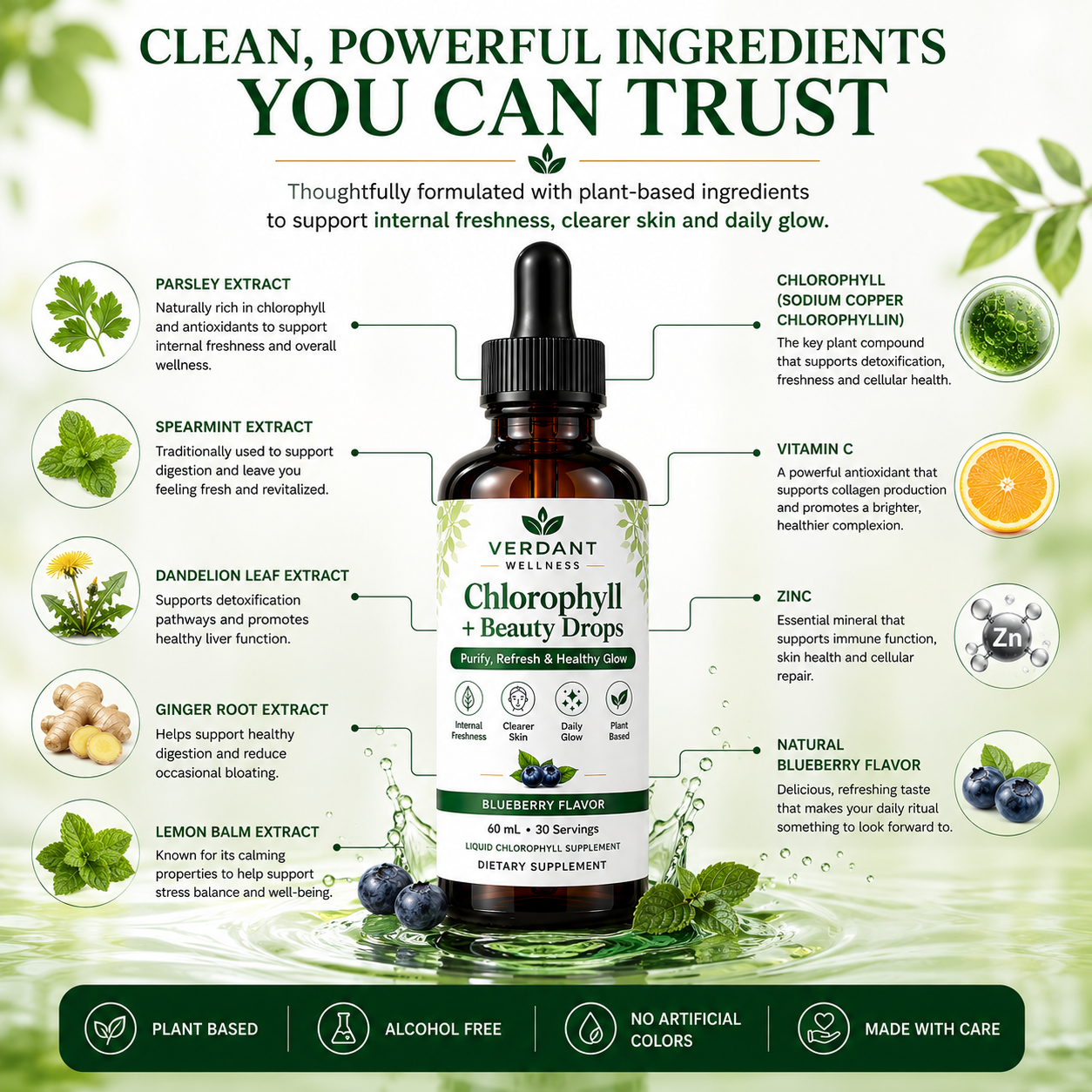 Versant Wellness Chlorophyll + Beauty Drops bottle with ingredient information on a green background