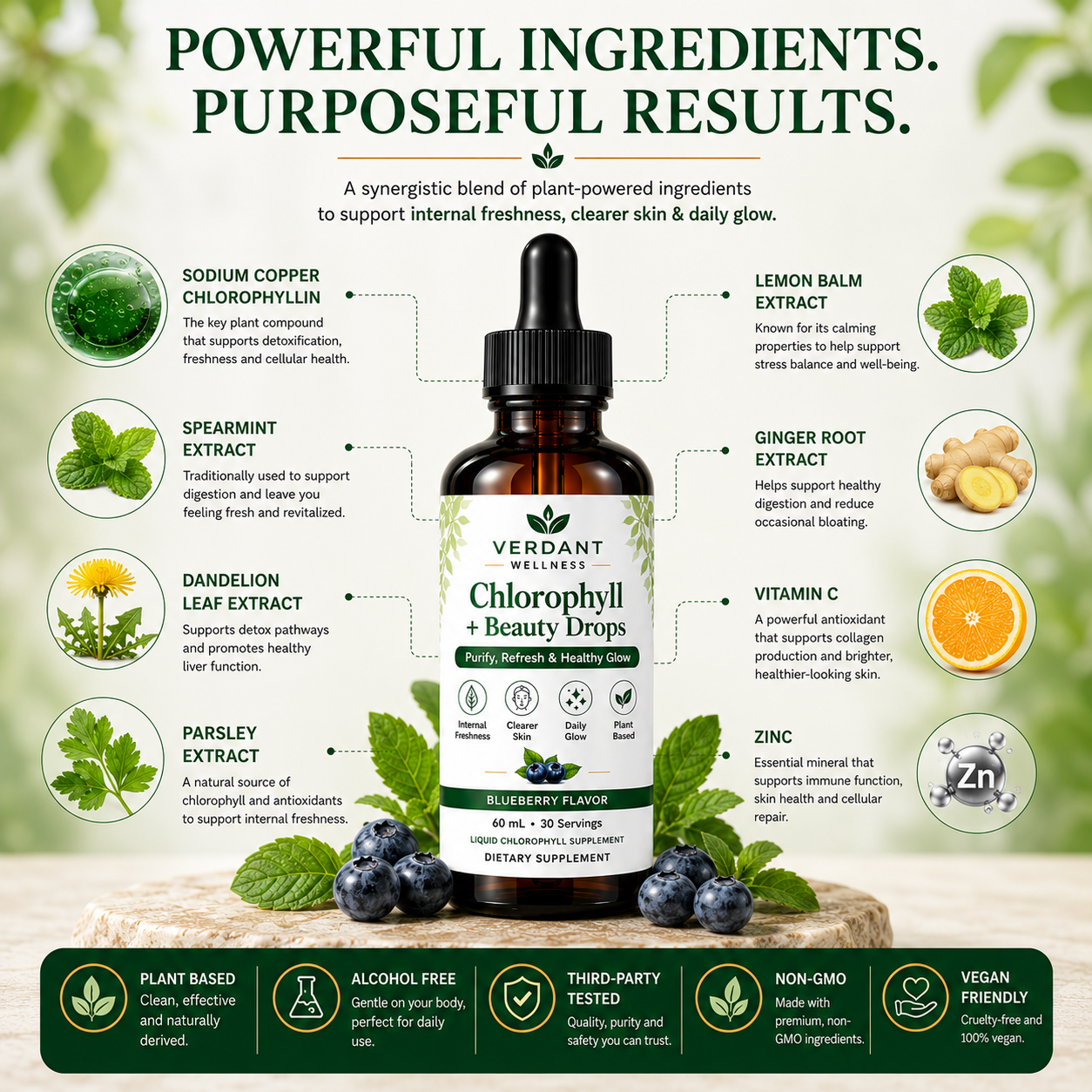 Bottle of Verdant Wellness Chlorophyll Beauty Drops with ingredients listed on a natural background