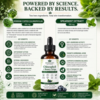 Product packaging with text about sodium copper chlorophyllin and spearmint extract, featuring a bottle labeled 'Verdant Chlorophyll Beauty Drops'.