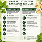 Product information card for lemon balm extract and ginger root extract with botanical imagery.