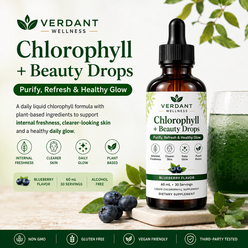 Bottle of Verdant Wellness Chlorophyll + Beauty Drops with a glass of green juice and blueberries on a light background.