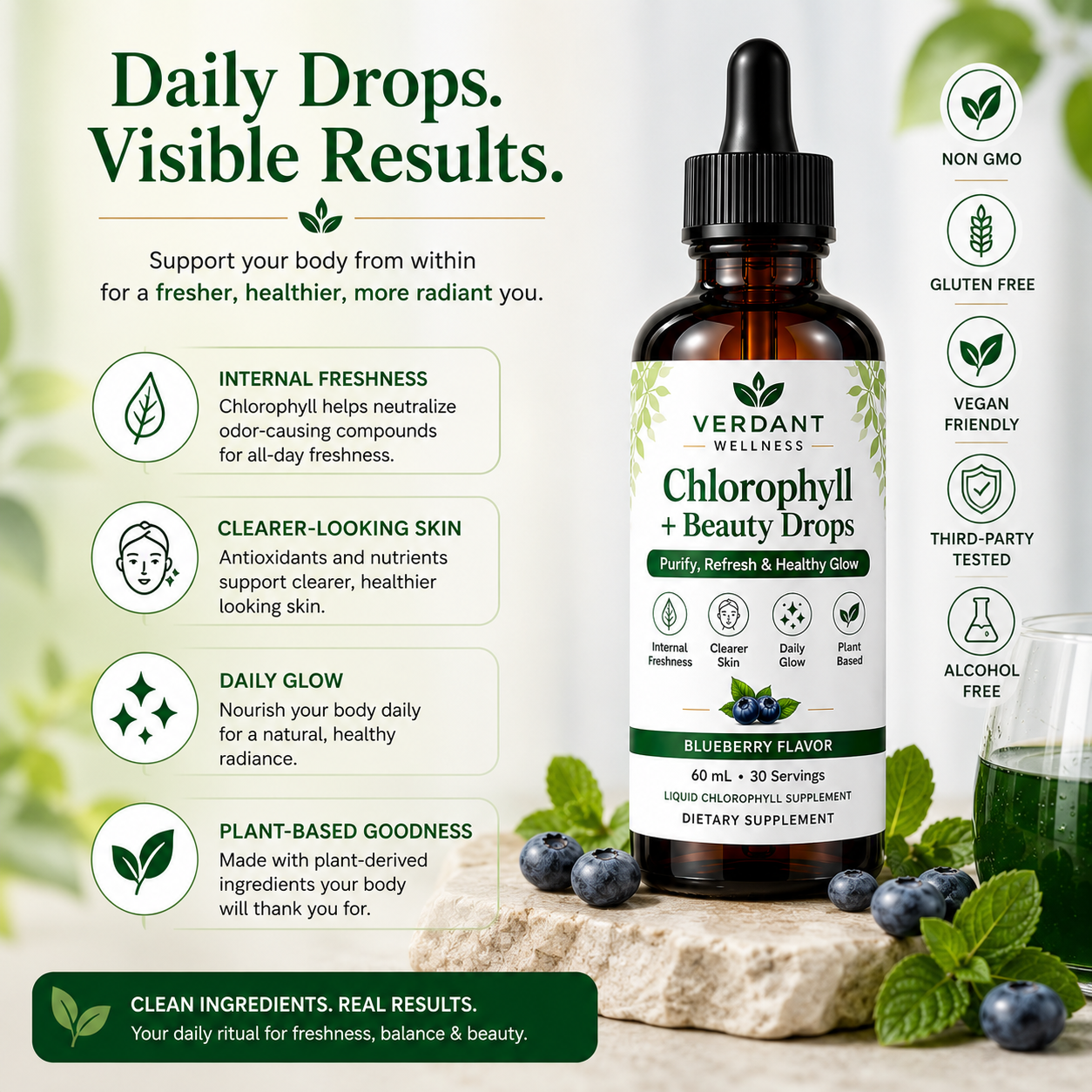 Verdant Wellness Chlorophyll + Beauty Drops bottle with product details on a light background