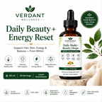 Verdant Wellness Daily Multi+ Beauty Drops bottle on a white background with green leaves.