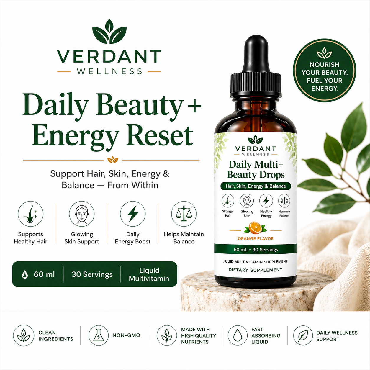 Verdant Wellness Daily Multi+ Beauty Drops bottle on a white background with green leaves.
