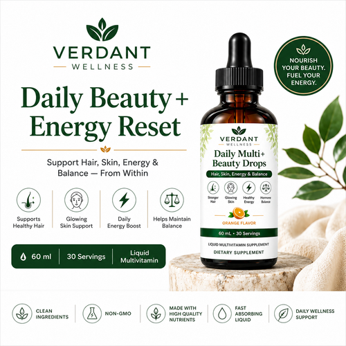Verdant Wellness Daily Multi+ Beauty Drops bottle on a white background with green leaves.