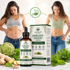 Verdant Wellness Debloat+ Digest Drops with a woman showing a flatter stomach, surrounded by artichoke, ginger, and other herbs.
