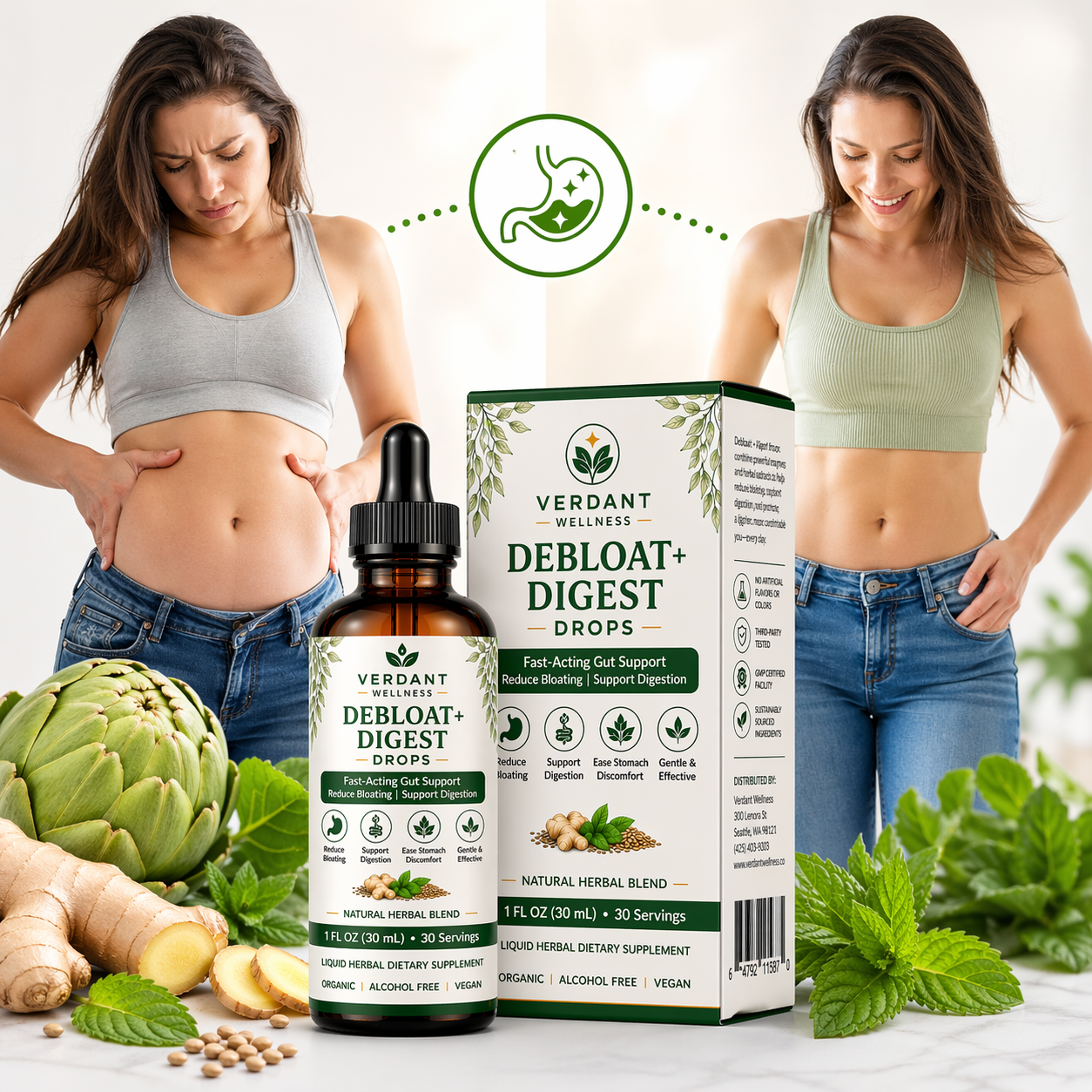 Verdant Wellness Debloat+ Digest Drops with a woman showing a flatter stomach, surrounded by artichoke, ginger, and other herbs.