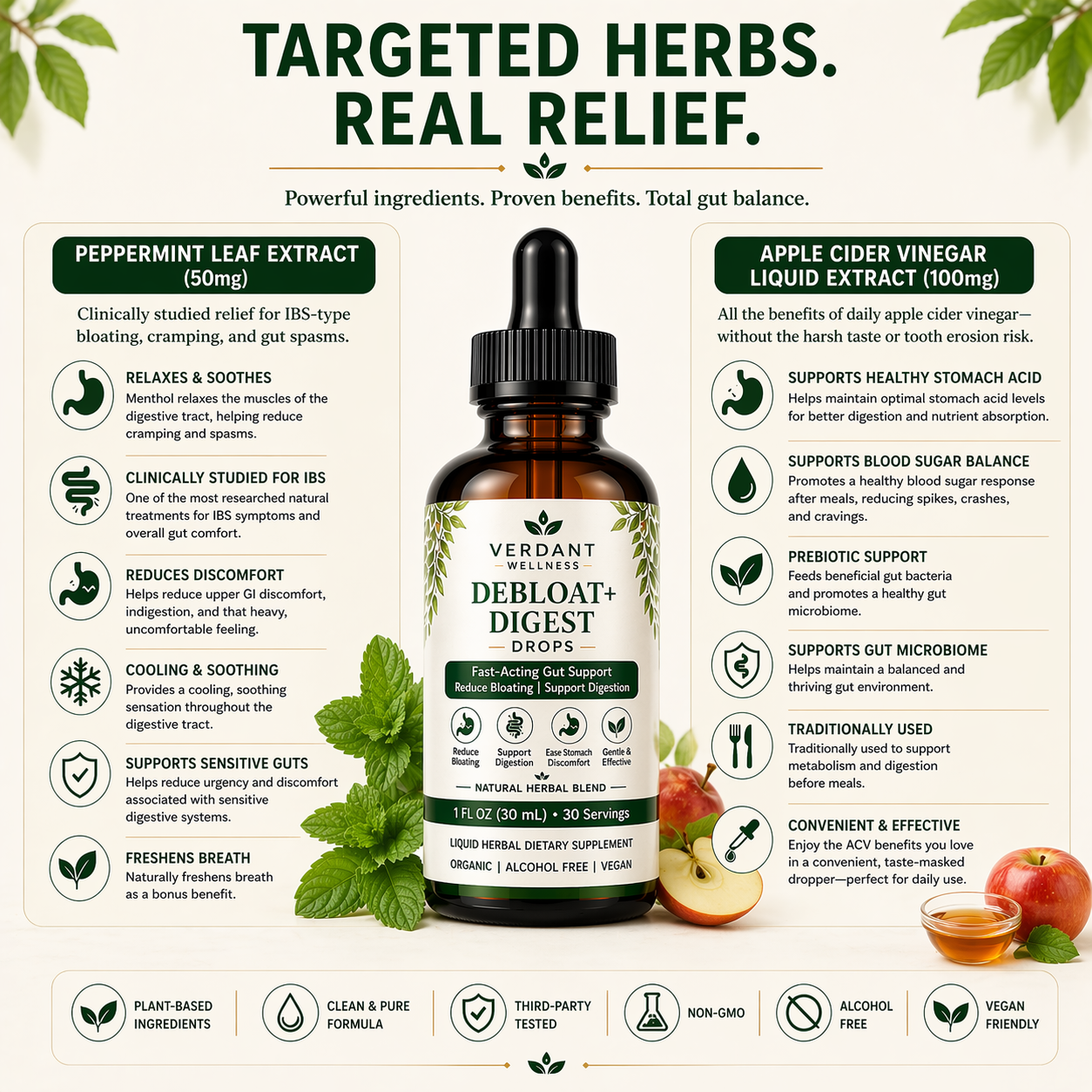 Verdant Wellness Debloat+ Digest - Peppermint Leaf Extract and Apple Cider Vinegar Liquid Extract