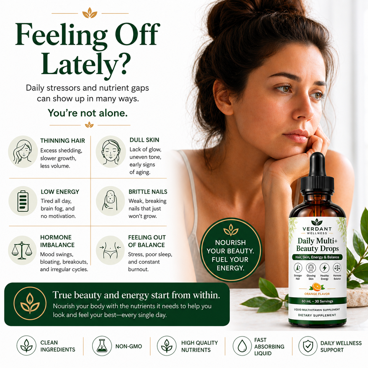 Advertisement for Verdant Health Daily Multi-Beauty Drops with a woman looking thoughtful and product displayed.