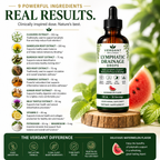 Lymphatic drainage drops by Verdant Wellness in a 30 mL dropper bottle, presented on a green and white background with ingredient illustrations and text detailing its powerful ingredients.