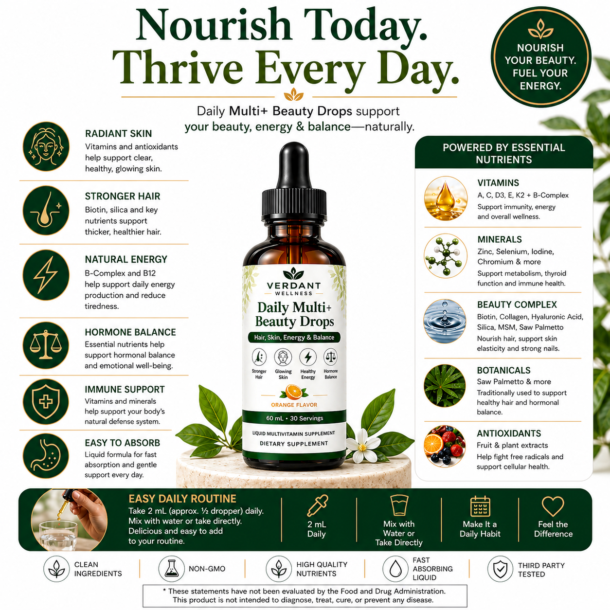 Advertisement for Verdad Wellness Daily Multi Beauty Drops with product details and benefits.