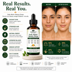 Advertisement for Veredant Wellness Daily Multi+ Beauty Drops with a bottle and before-and-after image of a woman's skin.
