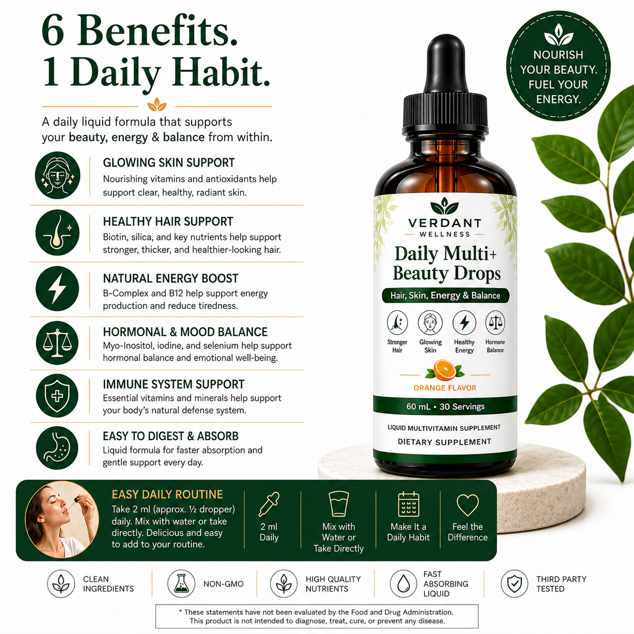 Verdant Wellness Daily Multi+ Beauty Drops supplement bottle with benefits listed on a white background.
