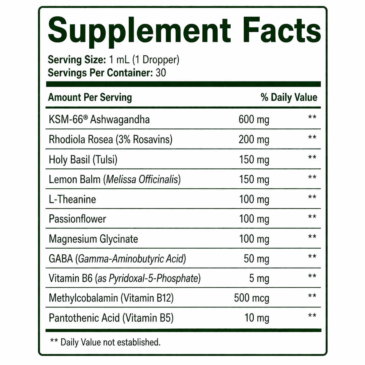 Supplement facts label with various herbal ingredients and their amounts per serving.