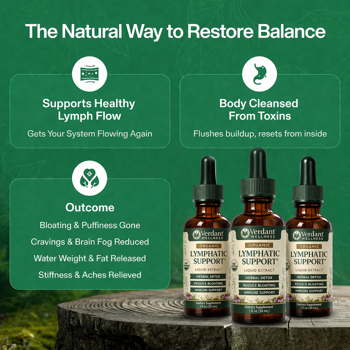 Three bottles of Verdant Wellness Organic Lymphatic Support on a wooden surface with a green background and text about product benefits.