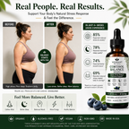 cortisol balance supplement with before and after images of a woman, product packaging, and text about stress relief.