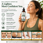 A woman in an olive green tank top holds a bottle of Tryptophan Support Lymph Drainage liquid supplement. The image is a promotional graphic with text detailing benefits like reducing puffiness, easing bloating, and supporting lymph flow, alongside before-and-after style facial and body transformation photos at the bottom.