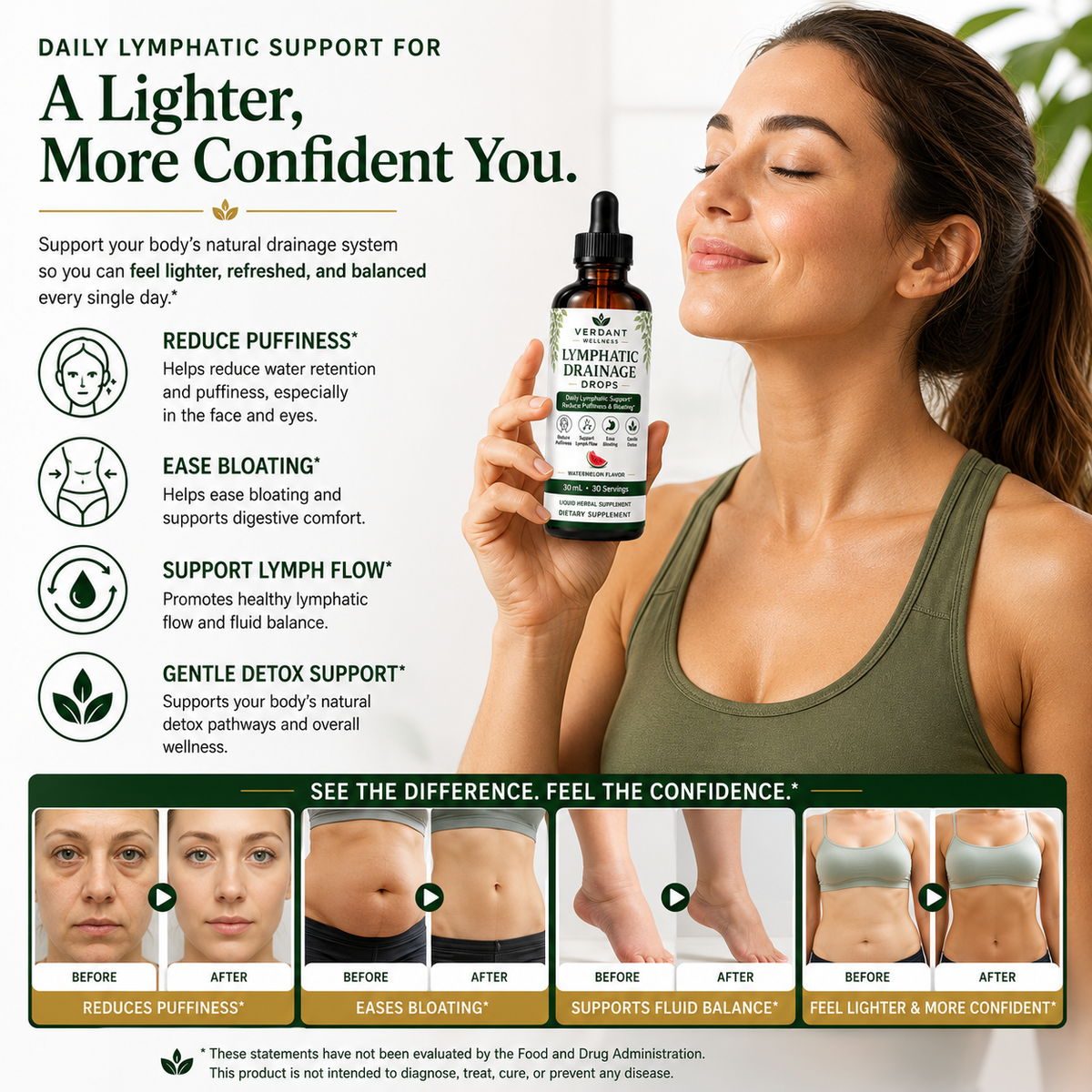 A woman in an olive green tank top holds a bottle of Tryptophan Support Lymph Drainage liquid supplement. The image is a promotional graphic with text detailing benefits like reducing puffiness, easing bloating, and supporting lymph flow, alongside before-and-after style facial and body transformation photos at the bottom.