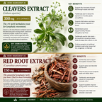 An infographic poster detailing herbal extracts, featuring Cleavers Extract (Gallium aparine) and Red Root Extract (Cannabis sativus). The design includes green botanical illustrations of leaves and stems, text blocks with key benefits, and a central photo of a fresh herbal tincture bottle.