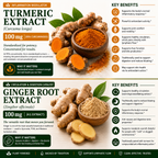 An infographic comparison of two herbal supplement products: Turmeric Extract (Curcuma longa) and Ginger Root Extract (Zingiber officinale). The top half features a vibrant orange turmeric powder in a wooden bowl with green leaves, accompanied by text detailing its 100mg potency and key benefits.