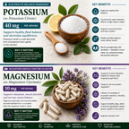 An infographic banner for electrolyte balance ingredients, featuring two product sections: 'Potassium (as Potassium Citrate)' and 'Magnesium (as Magnesium Glycinate)'. Each section includes descriptive text, key benefits, and illustrative food props like a lemon, a wooden bowl of white crystals, and green leaves/lavender, all set against a dark green background with a dark green header and footer.