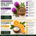 An infographic banner featuring two supplement products: Milk Thistle Extract (Silymarium) and Vitamin C (Ascorbic Acid). The top half is green and titled 'MILK THISTLE EXTRACT', showing purple milk thistle flowers, a wooden mortar and pestle with seeds, and a glass of pale yellow extract.
