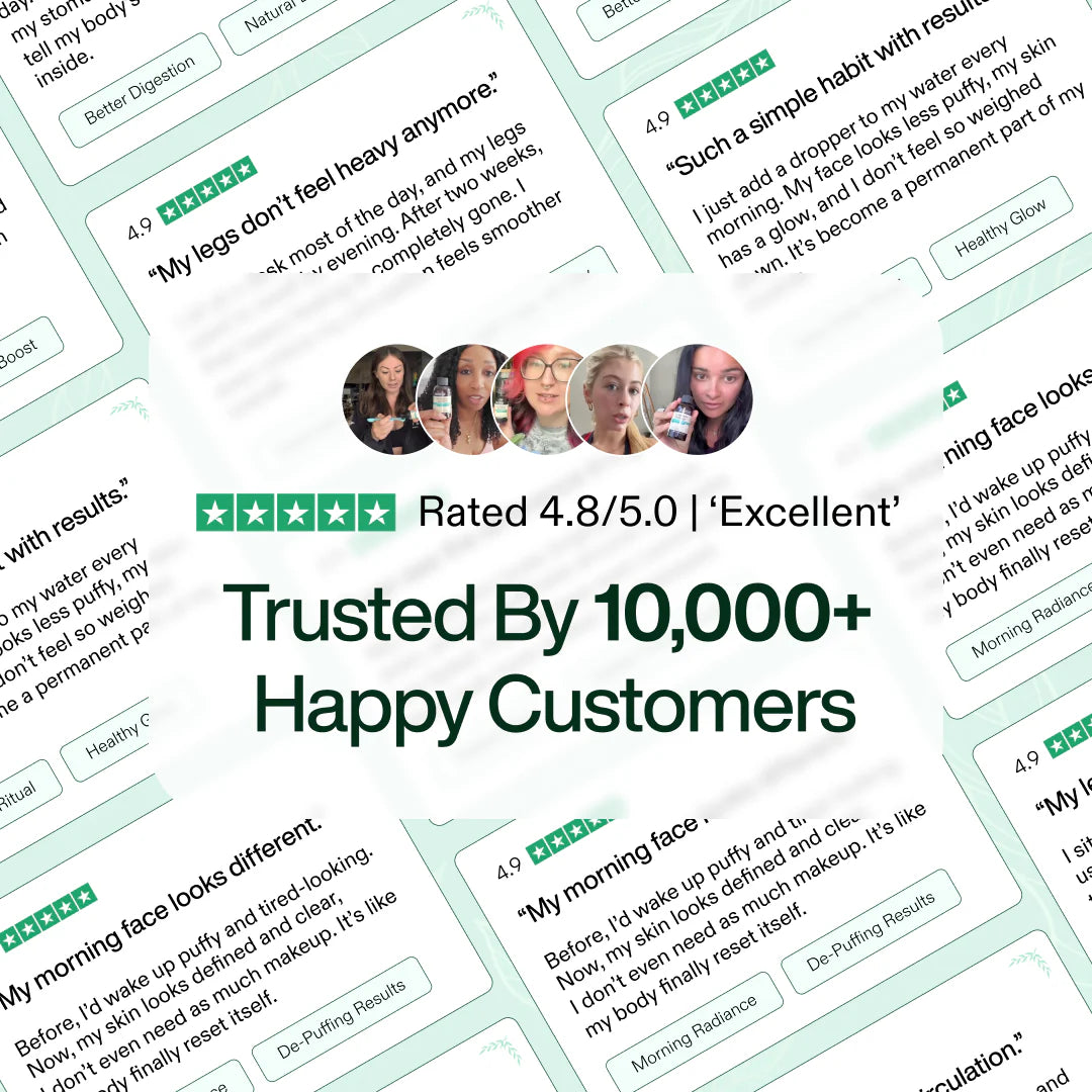 Product review with customer testimonials and rating on a white background
