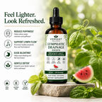 Verdant Wellness Lympatic Drainage Drops in a 30 mL amber glass dropper bottle, styled on a stone slab with mint leaves and a watermelon slice, alongside product benefits text on a white background.