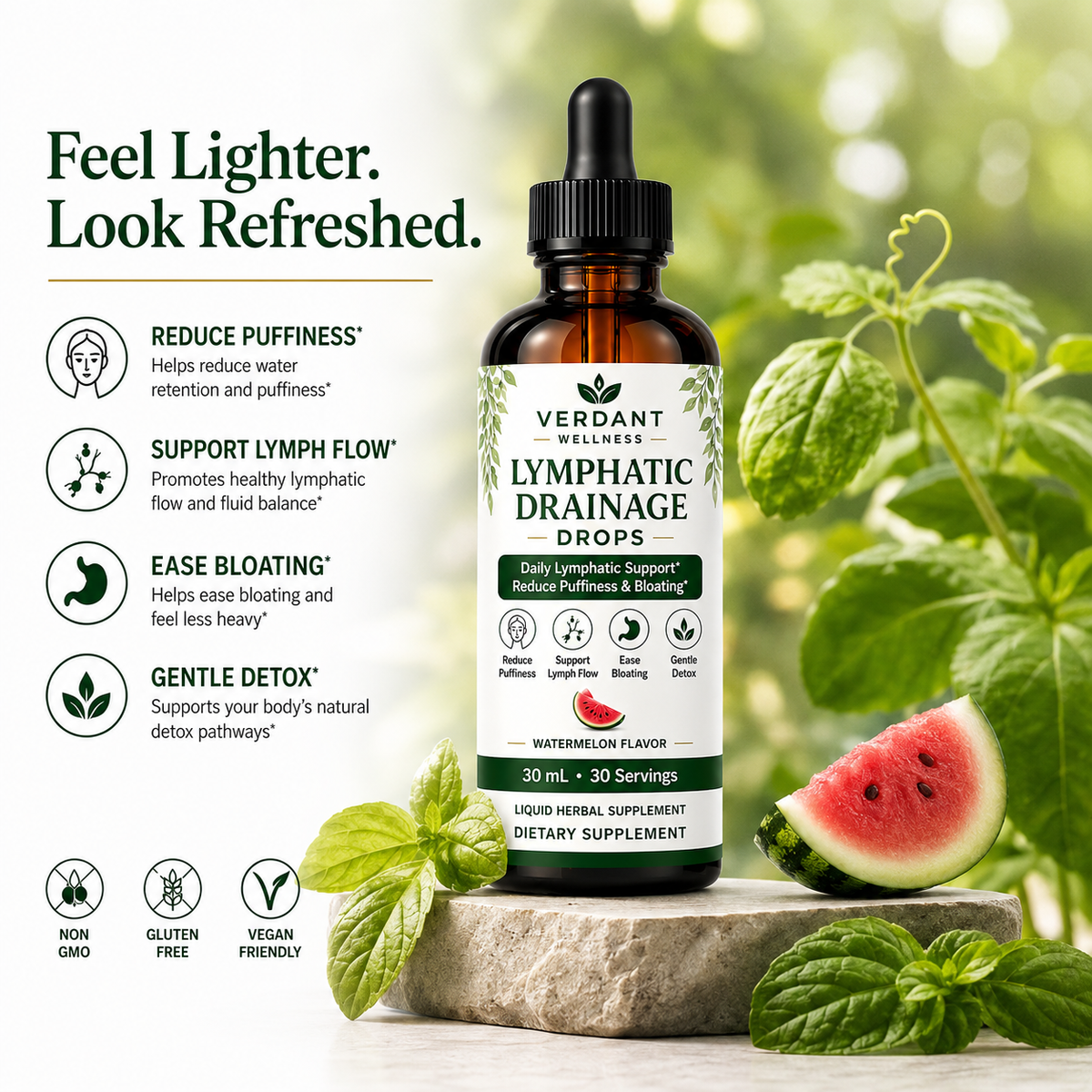 Verdant Wellness Lympatic Drainage Drops in a 30 mL amber glass dropper bottle, styled on a stone slab with mint leaves and a watermelon slice, alongside product benefits text on a white background.